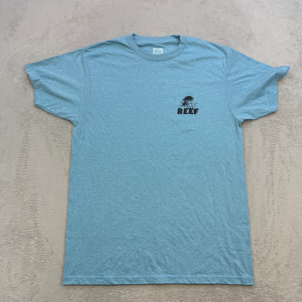 Reef Graphic T Shirt Mens Medium Blue Heather Palm Tree Surf Beach Skater‎ Tee